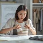 ポシェットの試作品を手作業で確認する日本人女性デザイナー