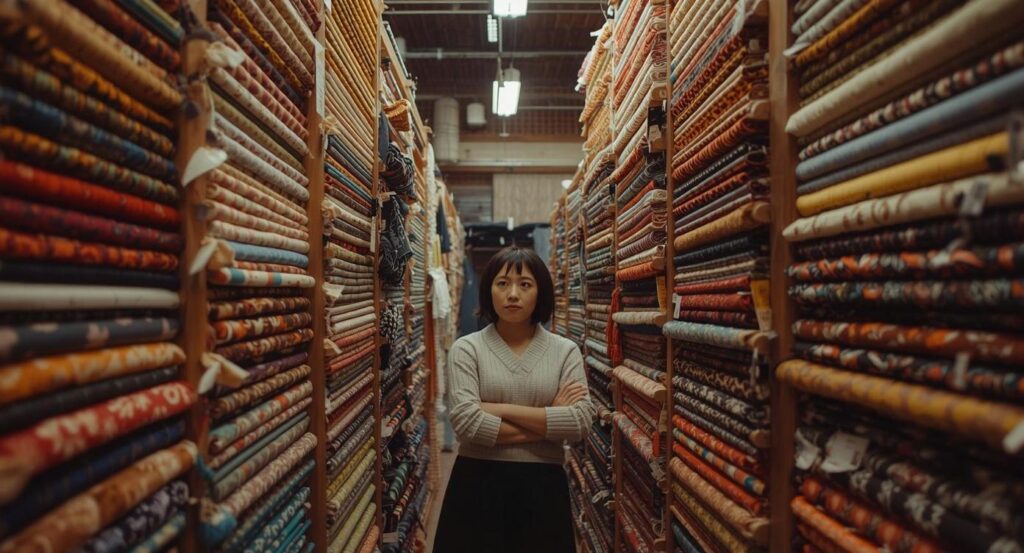ロール状の布が縦に並ぶ倉庫で素材選びをする日本人女性