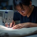 国内の作業場で、トートバッグの試作品をミシンで縫製する職人