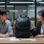 小ロットOEM製造について、工場担当者と女性経営者がバッグの試作品を見ながら打ち合わせをしている様子