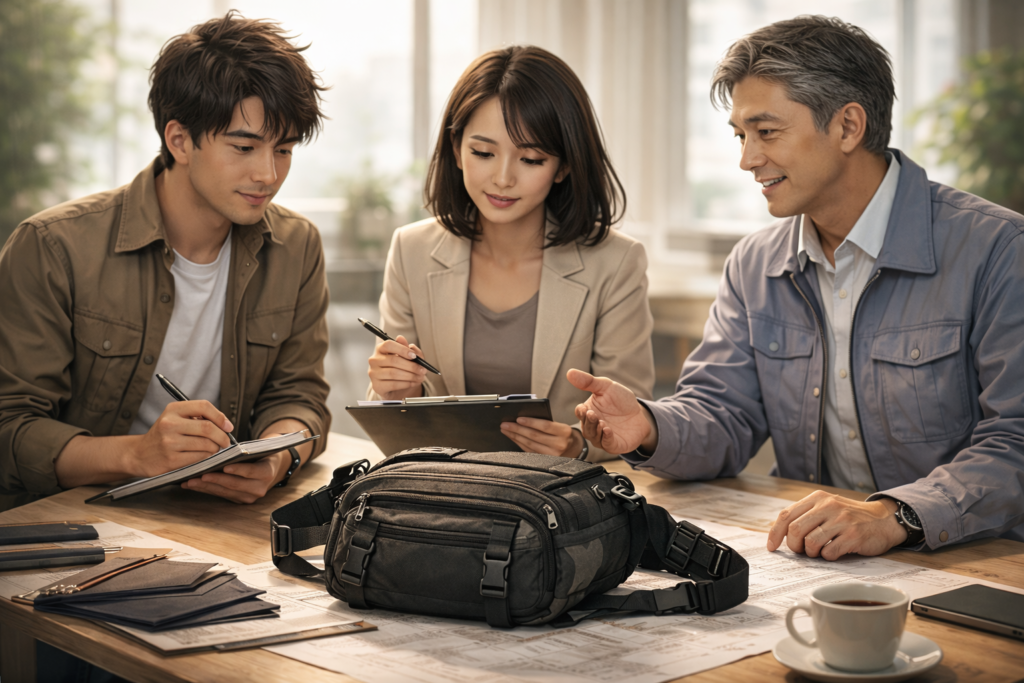 ボディバッグをテーブル中央に置き、3人の男女が正面から向き合って打ち合わせをしている