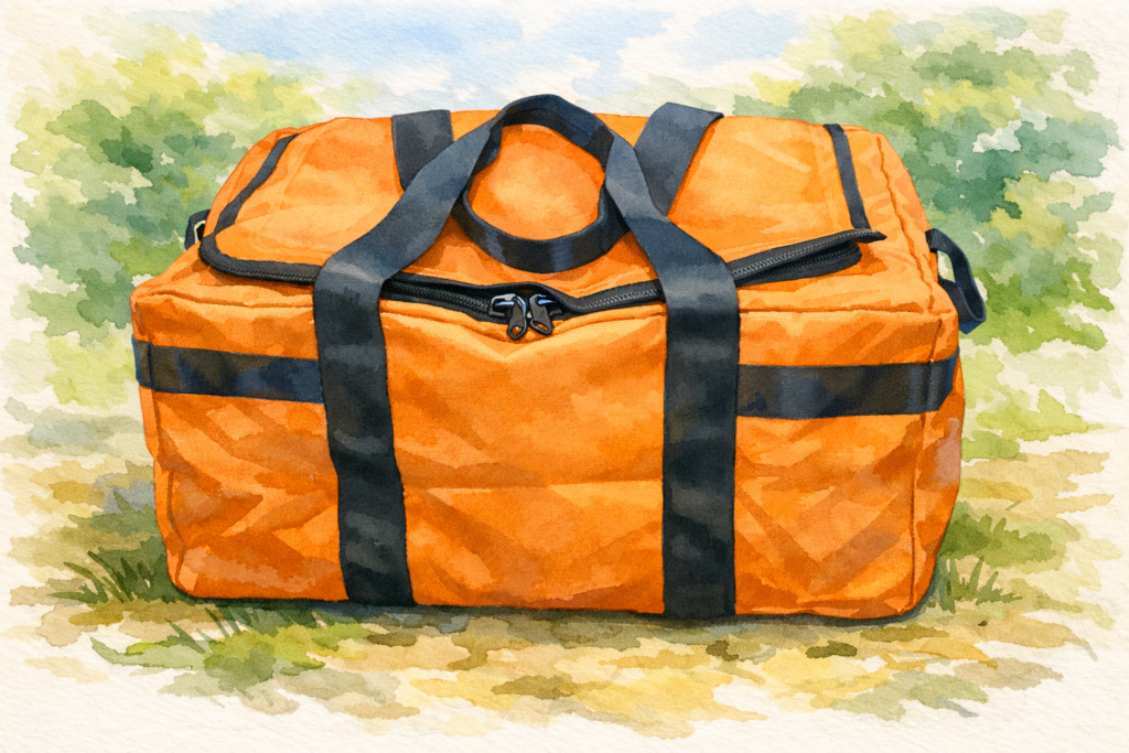 オレンジ色の業務用装備バッグの水彩イラスト（専門用途の縫製製品例）