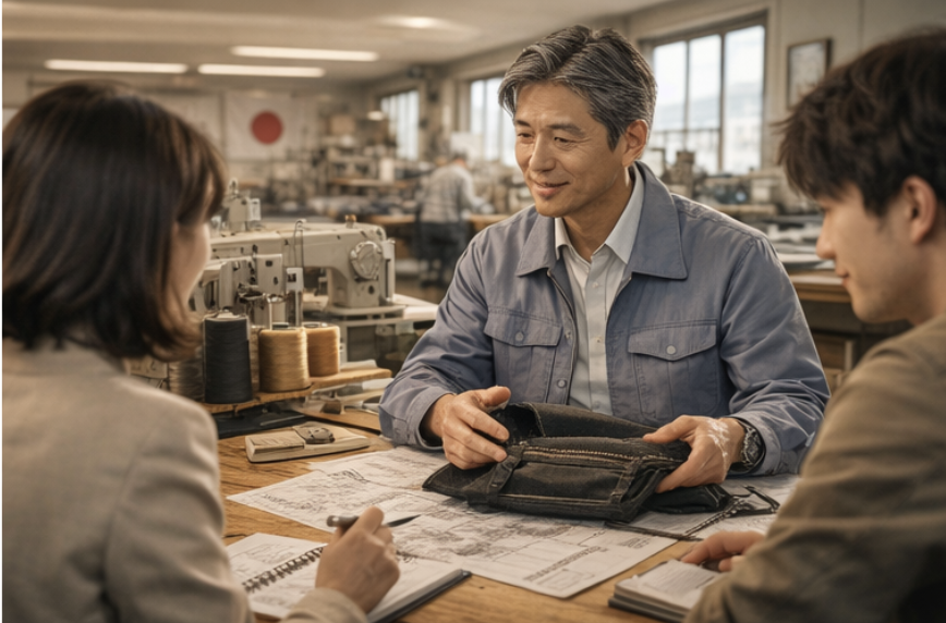 国内縫製工場で厚手素材のバッグサンプルを確認しながらOEM製品の打ち合わせをする様子