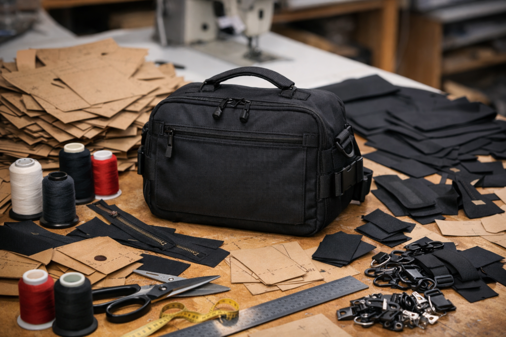 黒いバッグ1個が作業台の中央に置かれ、その周囲に大量の型紙、裁断済みパーツ、ファスナー、糸、ハサミ、金具などの縫製資材が並ぶ工房風景。1個だけの製作でも多くの準備工程が必要であることを表現した画像。