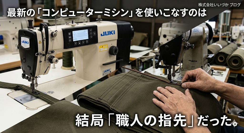最新のJUKI製コンピューターミシンと、厚手の帆布を丁寧に縫い合わせる職人の手元の比較画像。「最新のコンピューターミシンを使いこなすのは、結局職人の指先だった」というテキストが添えられたブログ用アイキャッチ画像。
