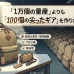縫製工場のデスクの上、スポットライトに照らされた高品質なバックパック（手前）と、背景に大量生産され並んでいる無数のバックパックの対比イラスト。中央上部には「1万個の量産よりも100個の尖ったギアを作りたい。」という文字が掲げられている。