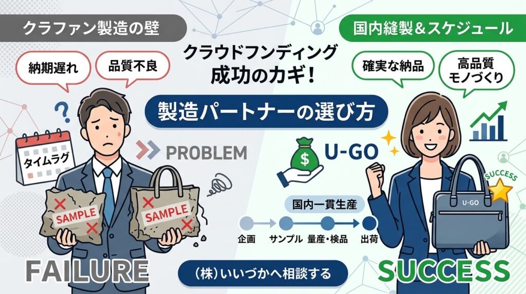 「クラウドファンディング成功のカギは『国内縫製』と『機動的な製造スケジュール』」と書かれた、製品開発の失敗事例と成功事例を比較したインフォグラフィック。左側に「納期遅れ」「品質不良」で悩む男性と「タイムラグ」のカレンダー、右側に「確実な納品」「高品質モノづくり」で笑顔の女性と「国内一貫生産」のタイムライン、『U-GO SUCCESS』のバッグ、『(株)いいづかへ相談する』ボタンが描かれています。