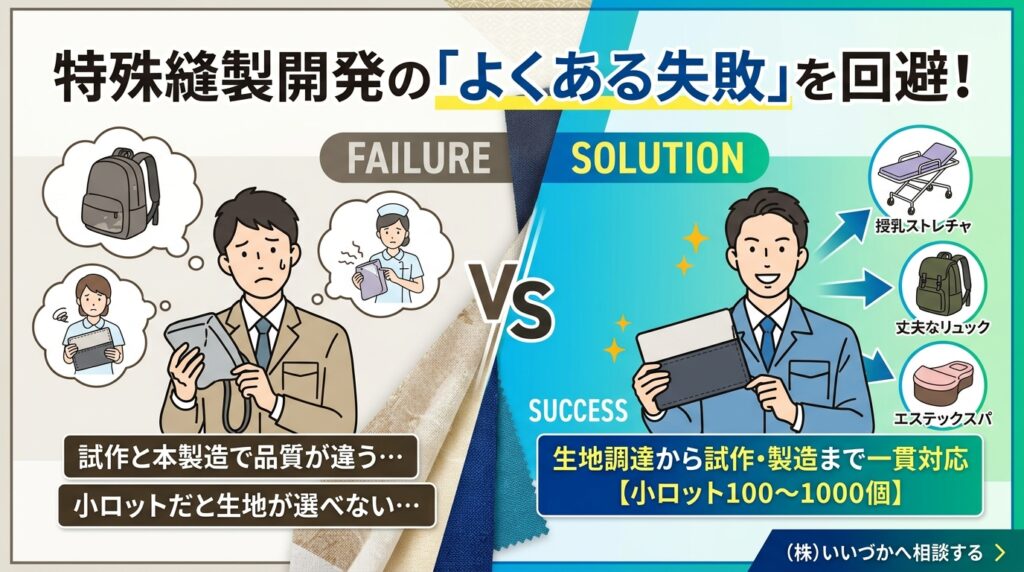 特殊縫製開発の失敗パターンと解決策を比較したアイキャッチ画像。「試作と本製造で品質が違う」「小ロットで生地が選べない」などの課題に対し、「国内一貫対応で小ロット100〜1000個から対応」する解決法を提示しています。