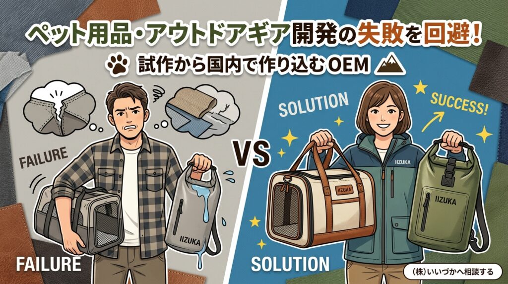 ペット用品・アウトドアギア開発の失敗事例と解決策を比較したアイキャッチ画像。「縫い目からの浸水」や「高いミニマムロット」といった課題に対し、「試作から国内で作り込むOEM」による解決法を提示しています。