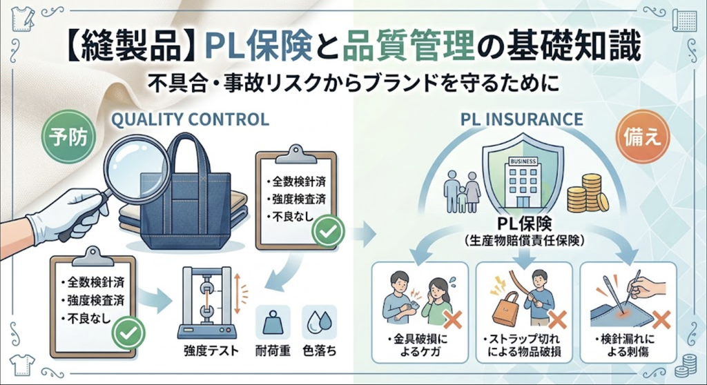 【縫製品】PL保険と品質管理の基礎知識。不具合・事故リスクからブランドを守るために。検針・強度テストなどの品質管理（予防）と、PL保険（備え）の2本柱を解説する図解イラスト。